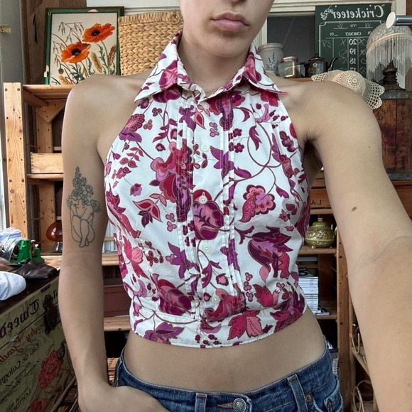 Express Tops - Express Stretch Vintage Y2K Pink Floral Paisley Halter Top Open Back Size 5/6